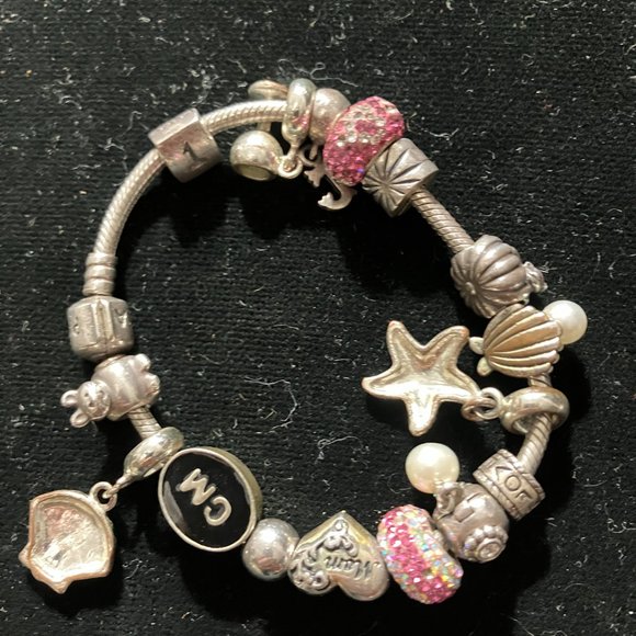 Pandora Bracelet with Sterling Charms Nana, Rhinestones, Hearts, Retired Beads - Picture 5 of 14